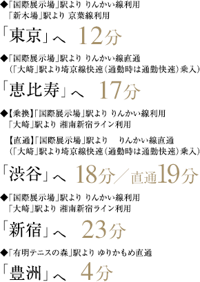 「東京」へ12分「恵比寿」へ17分「渋谷」へ18分/直通19分「新宿」へ23分「豊洲」へ4分