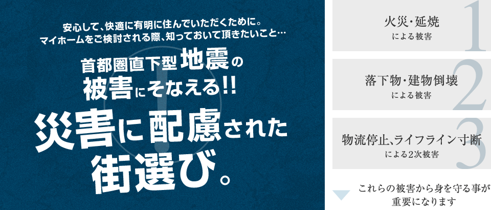 安心して、快適に有明に住んでいただくために。マイホームをご検討される際、知っておいて頂きたいこと…首都圏直下型地震の 被害にそなえる！！災害に配慮された街選び。