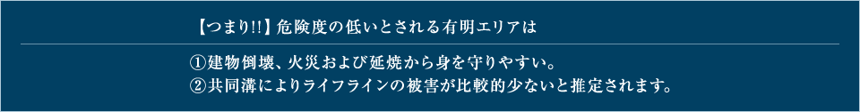 【つまり！！】 1.建物倒壊、火災および延焼から身を守りやすい。 2.共同溝によりライフラインの被害が比較的少ないと推定されます。