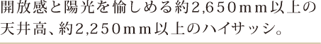 開放感と陽光を愉しめる約2,650mm以上の天井高、約2,250mm以上のハイサッシ。