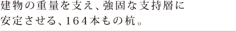 建物の重量を支え、強固な支持層に安定させる、164本もの杭。