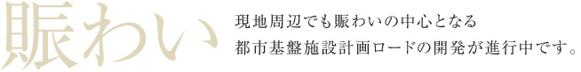 賑わい 現地周辺でも賑わいの中心となる都市基盤施設計画ロードの開発が進行中です。